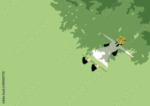 Vector illustration of a female with white dress lying on a green field with tree shades and a yellow petal flower with a heart shape in the middle on her face.