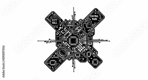 Intricate abstract circuit board design resembling a futuristic city map