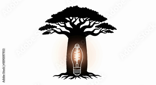 Baobab tree silhouette with a glowing light bulb integrated into its trunk, symbolizing innovation and growth.
