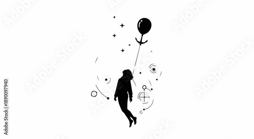 Silhouette of a person floating upwards, tethered to a balloon amidst starry celestial elements.