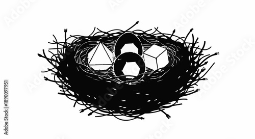 A whimsical nest cradles three unique dice, hinting at games and chance.