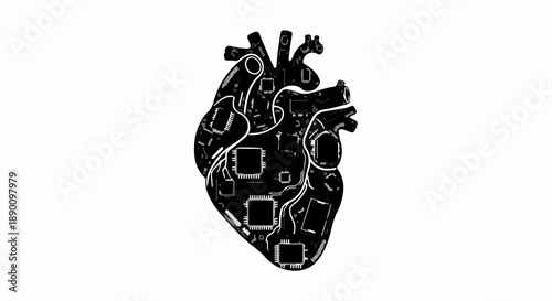 Futuristic heart silhouette with integrated circuit patterns symbolizing technology and life