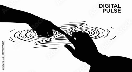 Two silhouetted hands reaching out to touch fingertips above rippling water, symbolizing connection and innovation.