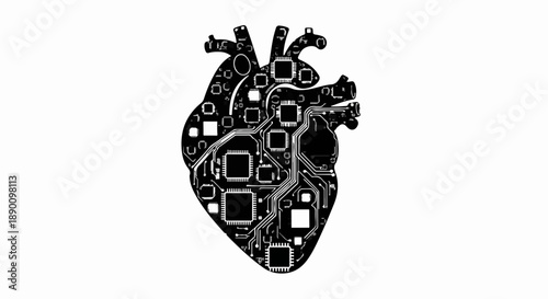 Futuristic heart shape formed by intricate circuit board patterns and glowing digital elements