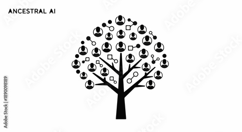 Stylized family tree illustration showing interconnected people icons and DNA symbols