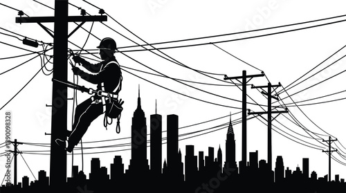 Silhouette of utility lineman repairing power lines on city skyline background, electrical infrastructure maintenance, urban energy network, professional safety work concept at dusk