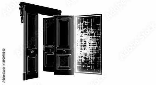 Multiple open doors revealing a digital, abstract future ahead.