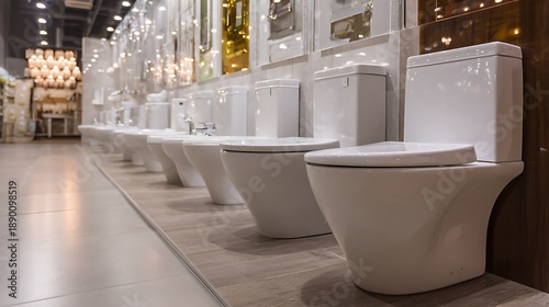 Modern bathroom fixtures on display in a well-lit showroom
