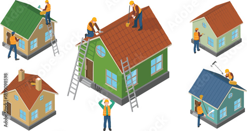 Isometric house roof repair illustration showing construction workers installing shingles painting walls renovation maintenance concept for residential home improvement services