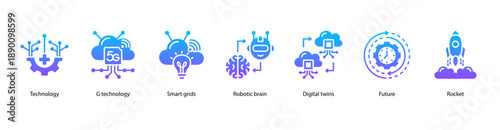 Next-Gen Technology Infrastructure web banner icon vector illustration featuring Technology, 5G Technology, Smart Grids, Robotic Brain, Digital Twins, Future, and Rocket.