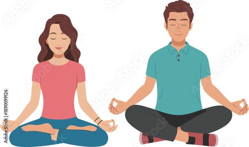 Man and woman meditating illustration, yoga lotus pose characters, mindfulness relaxation concept, mental health wellness, flat design isolated on white background