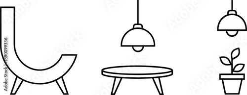 A minimalist line drawing of a chair, coffee table, pendant lights, and potted plant on a white background, showcasing modern furniture icon set.
