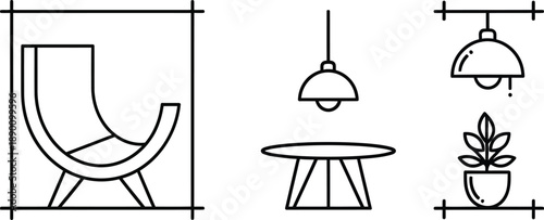 Line drawing icons of a modern chair, coffee table, pendant lights, and potted plant on a white background with minimalist design elements.