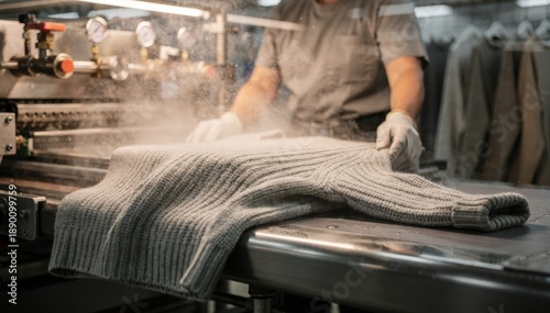 Medium shot focusing on steam finishing in an industrial setting showcasing knitwear being treated with steam to enhance fabric texture and stabilize knitted fibers.