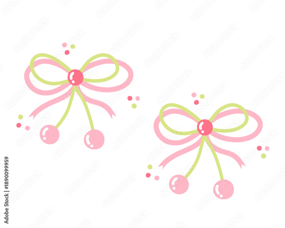 Fototapeta premium Coquette bow with kawaii cherry in pink and lime green color combination, vector illustration, coquette ribbon for ornament and decoration