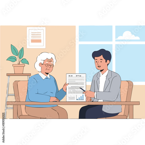 Young professional assisting senior citizen with documents at a desk in a well-lit office environment from a frontal viewpoint