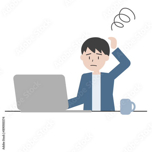 作業に悩む男性のイラスト　パソコン前で困っているビジネスシーン