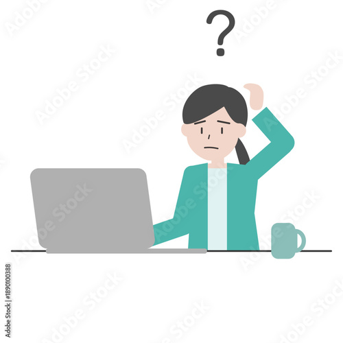 疑問を抱える女性のイラスト　パソコン作業中に悩むビジネスシーン