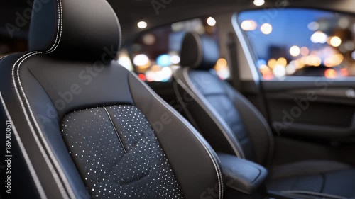 Wallpaper Mural Black leather car seats with perforated detailing, visible stitching and seat contours, luxury interior design, ambient cabin light reflecting softly, modern automotive aesthetic Torontodigital.ca