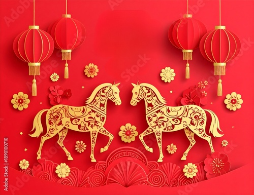 Festive Chinese New Year celebration art featuring elegant golden horses, traditional red lanterns, and intricate paper-cut designs symbolizing prosperity and good luck