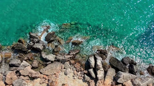 Aerial drone view of Xigia Sulfur Beach rocky coastline, Zakyntho...