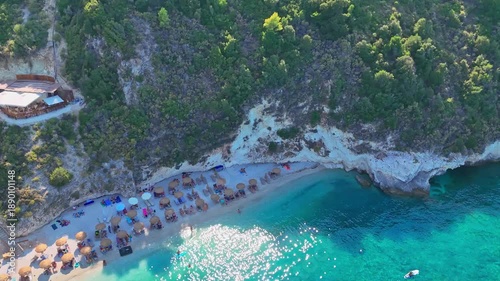 Aerial drone view of Xigia Sulfur Beach in Zakynthos, Greece, sho...