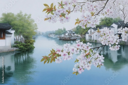 The beautiful lake, white pear blossoms blooming along the riverbank with traditional chinese architecture, boats gently gliding through the water
