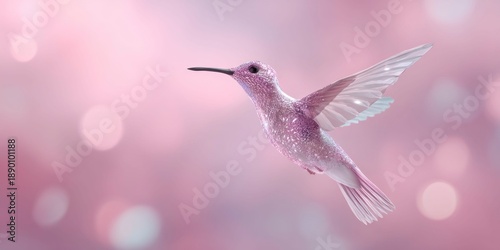 a crystal hummingbird, against a pink background, with light reflections, in pink and gold tones