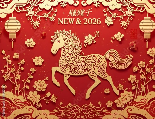 Golden Horse Lunar New Year 2026 Chinese Zodiac Celebration Paper Cut Style