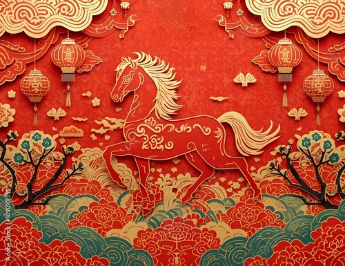 Traditional Chinese Horse Illustration with Red and Gold Festive Decorations