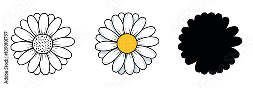 Daisy flower head icon set in line art, white and yellow flat design, and solid black silhouette. Simple chamomile botanical vector illustration.
