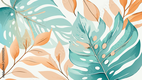 Soft pastel monstera leaves and foliage in turquoise peach and white on flat botanical illustration
