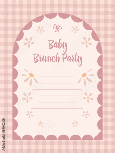 Baby Brunch Party Invitation in Dusty Rose Color with Daisies and Checkered Background