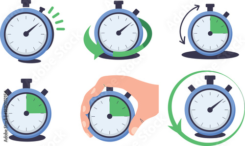 Stopwatch timer icons set showing time tracking, deadline, countdown, productivity management, efficiency measurement, business workflow illustration