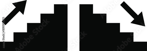Abstract black upward and downward arrows with stepped shapes symbolizing growth, decline, progress and recession concepts in business analytics, finance trends and performance comparison