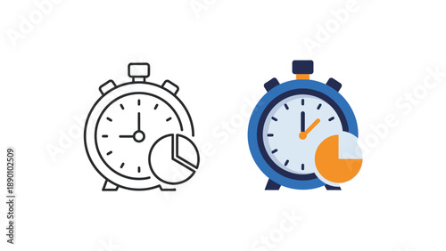 Stopwatch icon paired with a partial pie chart graphic representing efficient time management metrics and data analysis concepts for business development