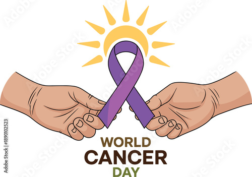 World Cancer Day awareness illustration with purple ribbon held by caring hands and radiant sun symbolizing hope, support, healing, unity