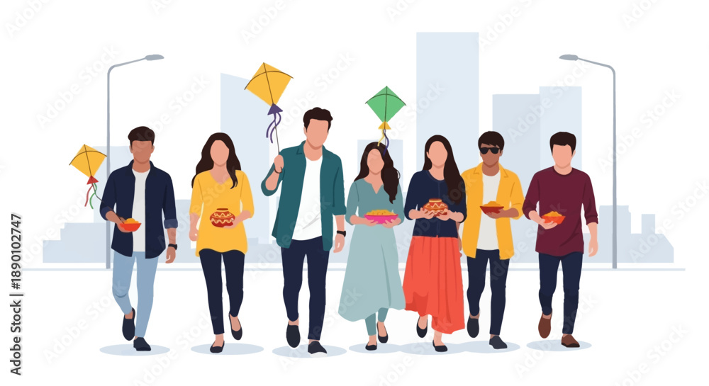 Obraz premium A contemporary flat design illustration depicting young adults in an urban Indian setting, blending modern style with traditional Makar Sankranti items. 
