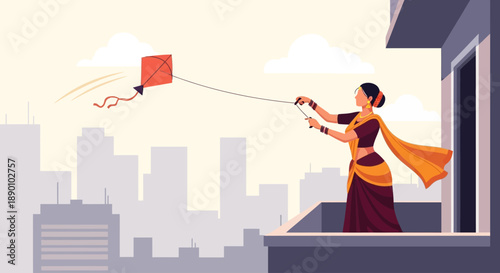 An elegant flat design illustration depicting an Indian woman in traditional attire gracefully flying a kite from an urban balcony during Makar Sankranti. 