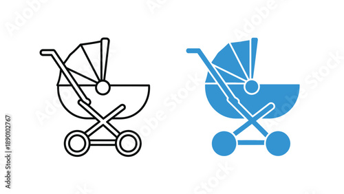 Collection of simple line art and solid silhouette icons representing a baby carriage or stroller ideal for infant transport graphics or mobile applications