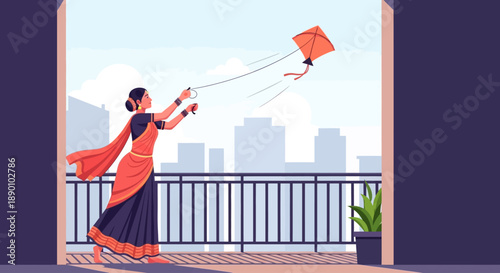 An elegant flat design illustration depicting an Indian woman in traditional attire gracefully flying a kite from an urban balcony during Makar Sankranti. 