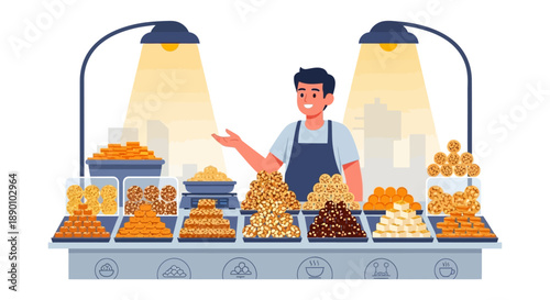 A delicious flat design illustration of an urban Indian street food vendor selling traditional Makar Sankranti snacks like chikki and gajak. 