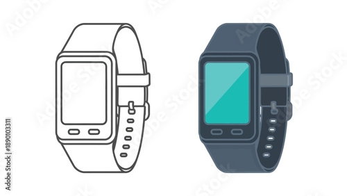 Comparison graphic illustrating a digital smartwatch outline template next to a fully colored version showcasing modern wearable technology design concepts