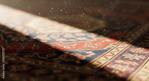 Sunlight beam illuminating dust particles over vintage Persian carpet