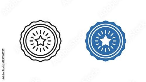 Collection of two award badge icons one outline and one solid blue featuring a central shining star within a scalloped circular border representing quality or achievement