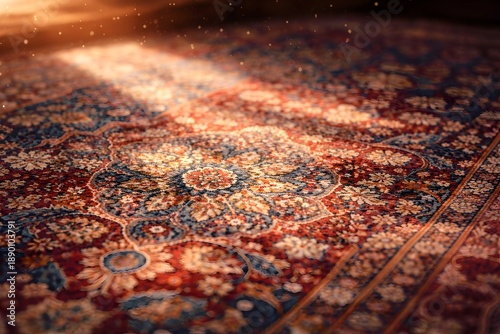 A close-up view of a classic oriental rug featuring intricate floral ornaments, rich red and blue colors, and sunlight striking the surface.
