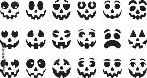 Collection of 15 unique black and white halloween jack o lantern faces