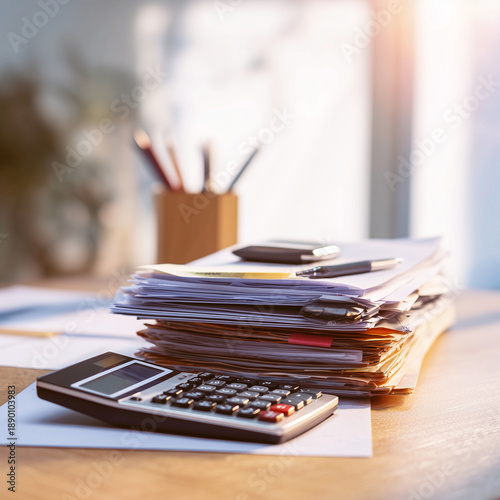 Minimal Tax Season Workspace with Calculator and Copy Space