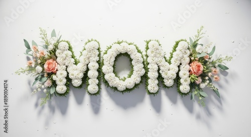 Mother's day minimal floral poster with white flowers and 'mom' sign