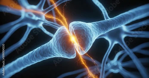 Neurons firing with electrical impulses in human brain synapse